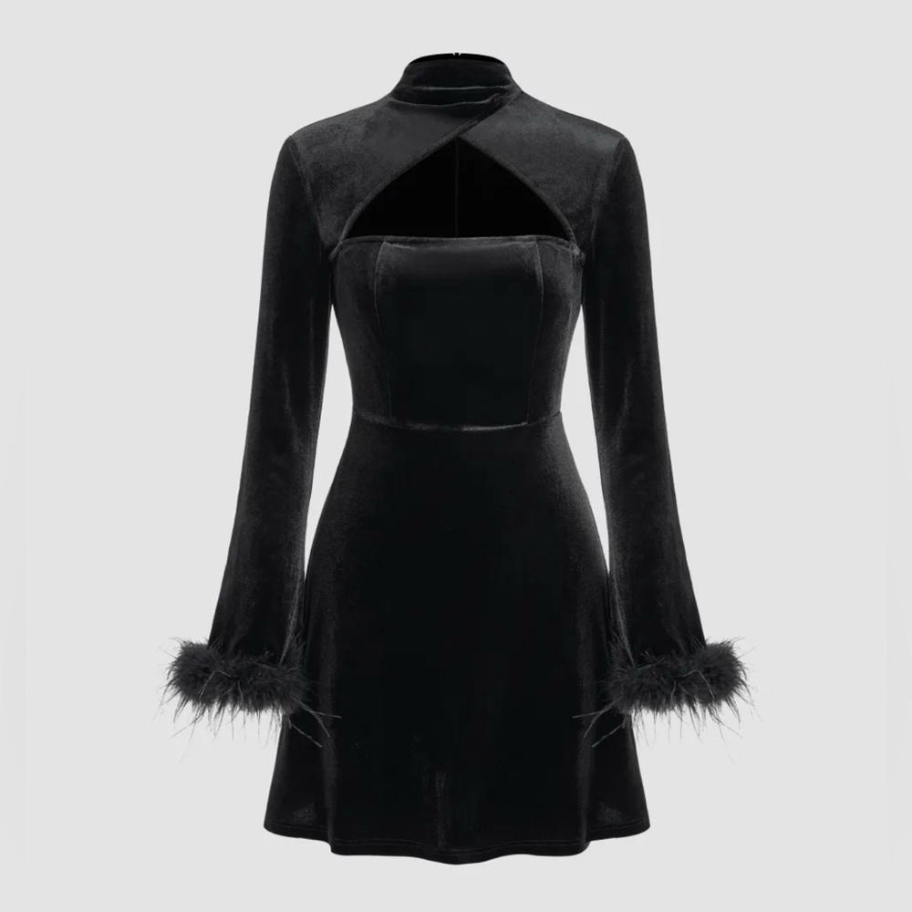 Cider black feather-trim velvet mini dress